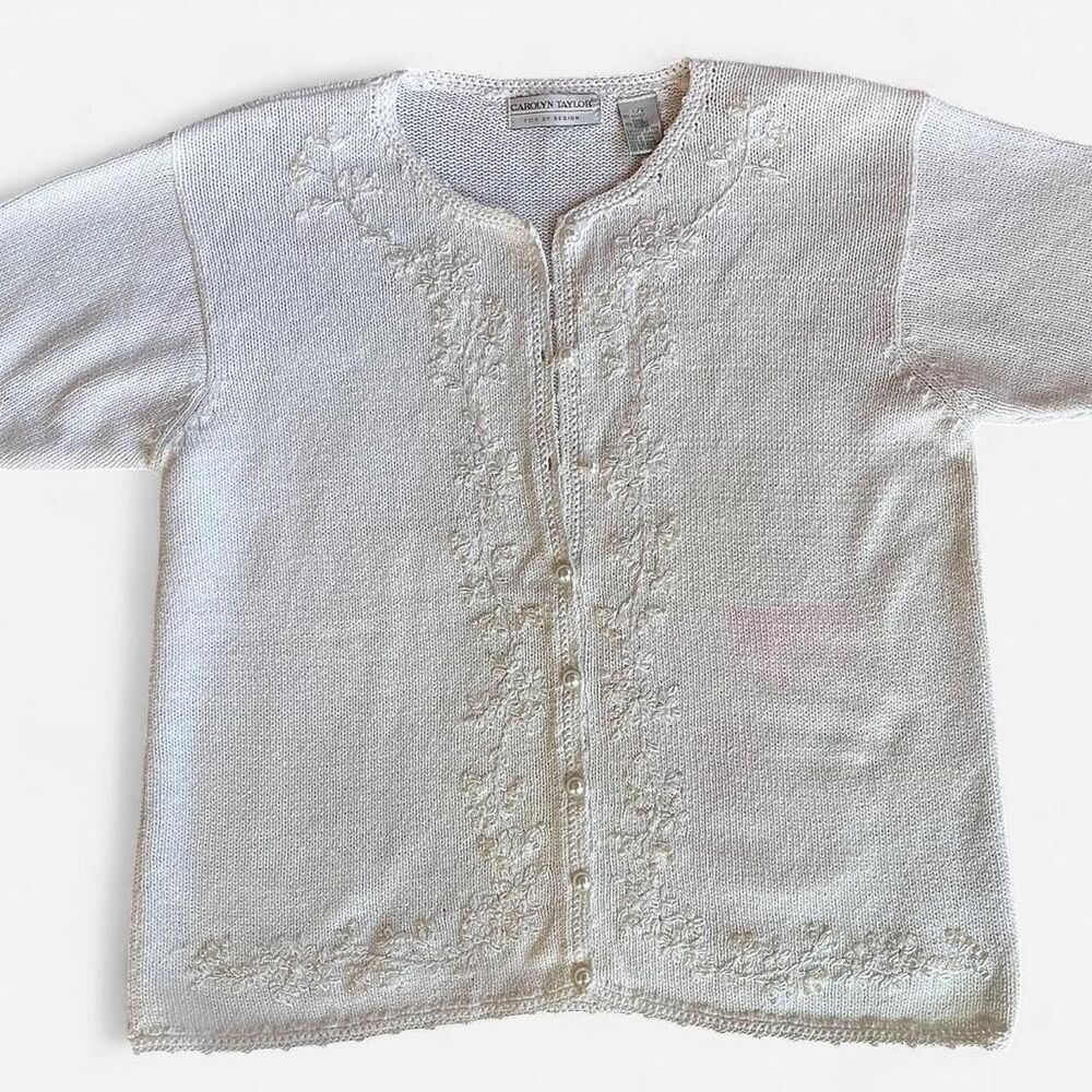 vtg Cream Embroidered Ramie Cotton Cardigan Pearl Detail Size L